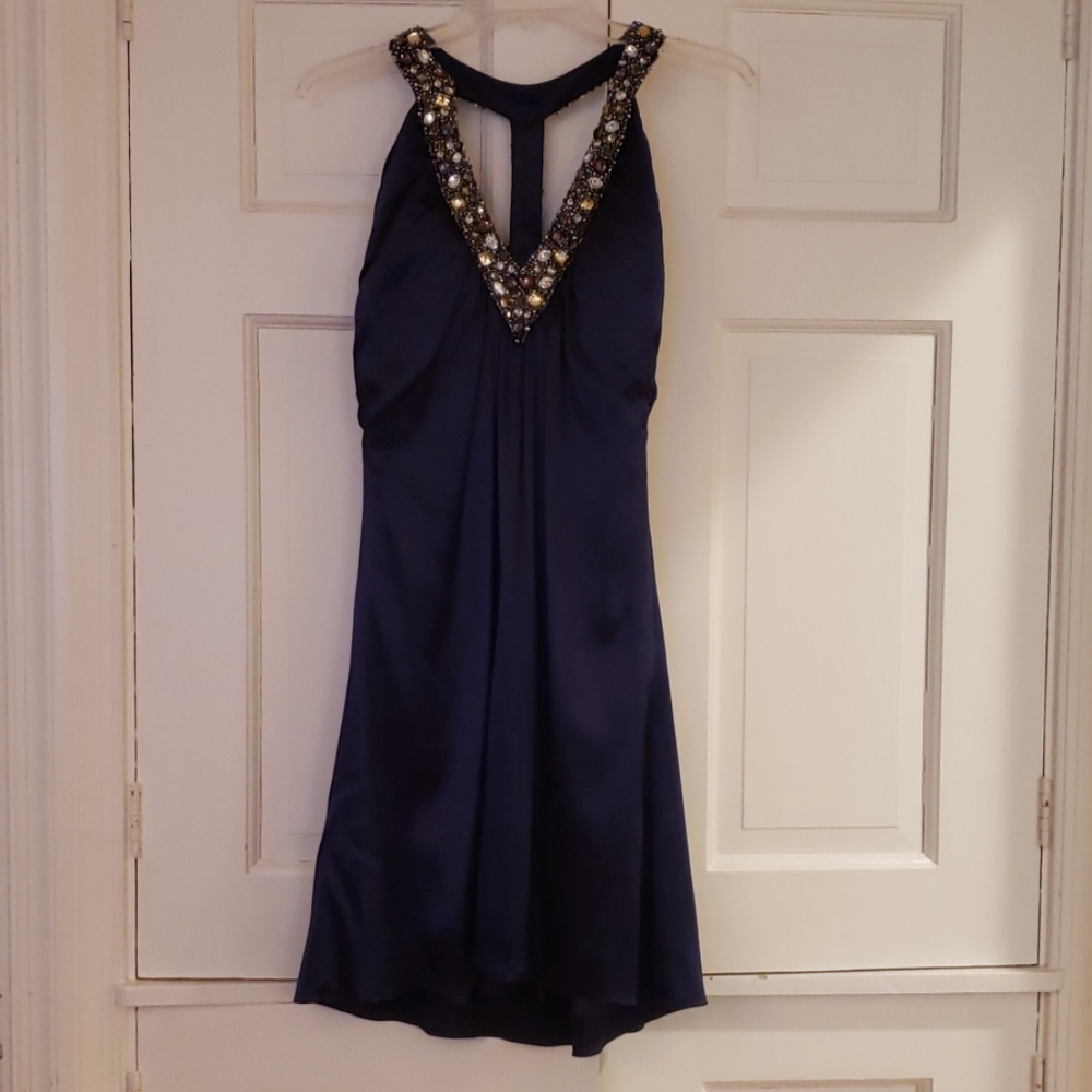 Marc Bouwer Navy Purple Silk Beaded Dress